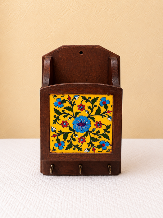 Handcrafted Wooden Wall Key Holder, Hand Painted Floral Indian Traditional Decor