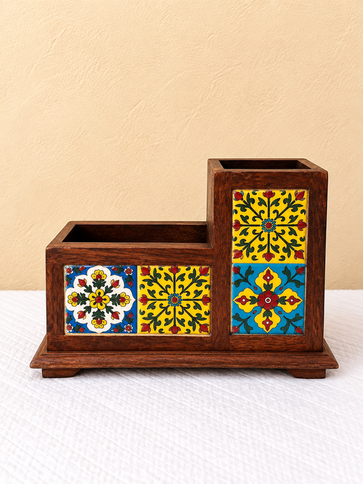 Handcrafted Wooden Desk Organizer, Hand Painted Floral Indian Traditional Decor