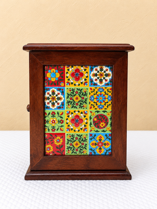 Handcrafted Wooden Key Holder Cabinet, Wall Mounted Key Organizer with Hooks