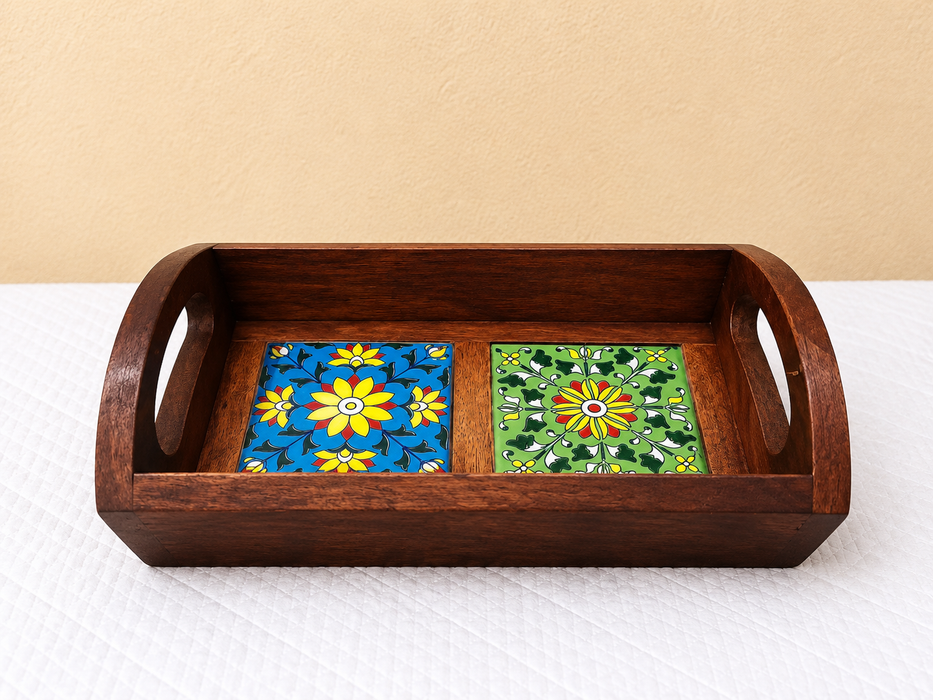 Handcrafted Wooden Serving Tray, Hand Painted Floral Indian Traditional Decor