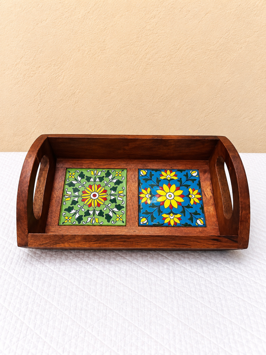 Handcrafted Wooden Serving Tray, Hand Painted Floral Indian Traditional Decor