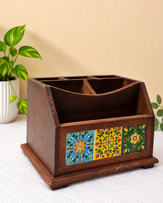Handcrafted Wooden Desk Organizer, Hand Painted Floral Indian Traditional Decor