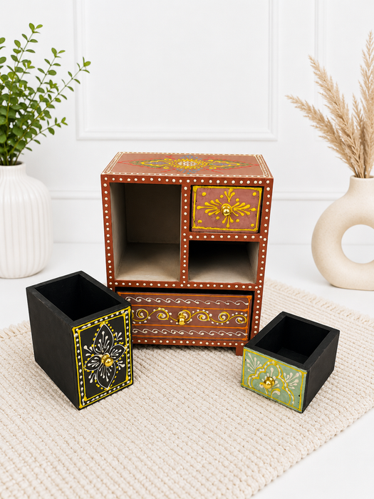 Handcrafted Wooden 4 Drawer Chest, Hand Painted Indian Decor Storage Cabinet