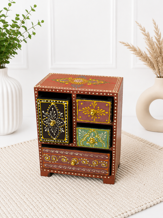 Handcrafted Wooden 4 Drawer Chest, Hand Painted Indian Decor Storage Cabinet