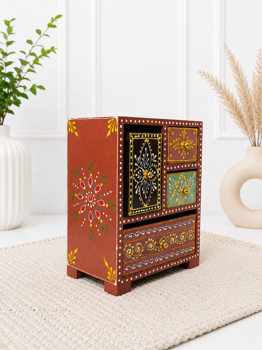 Handcrafted Wooden 4 Drawer Chest, Hand Painted Indian Decor Storage Cabinet