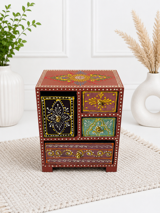 Handcrafted Wooden 4 Drawer Chest, Hand Painted Indian Decor Storage Cabinet