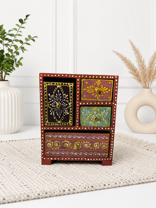 Handcrafted Wooden 4 Drawer Chest, Hand Painted Indian Decor Storage Cabinet