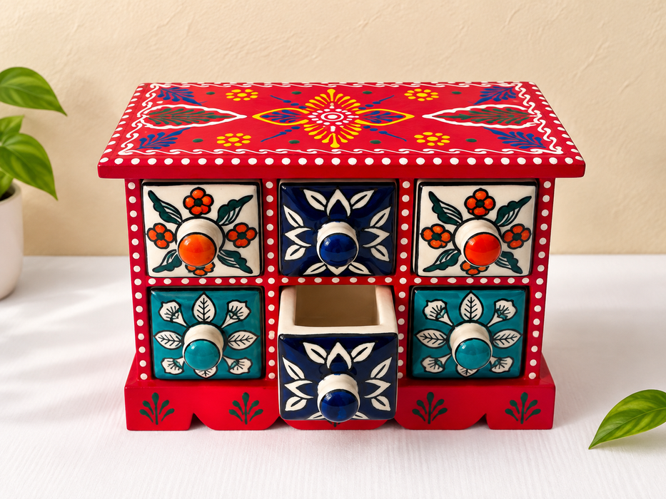 Hand Painted Wooden Drawer Cabinet | Traditional Indian Handmade Storage