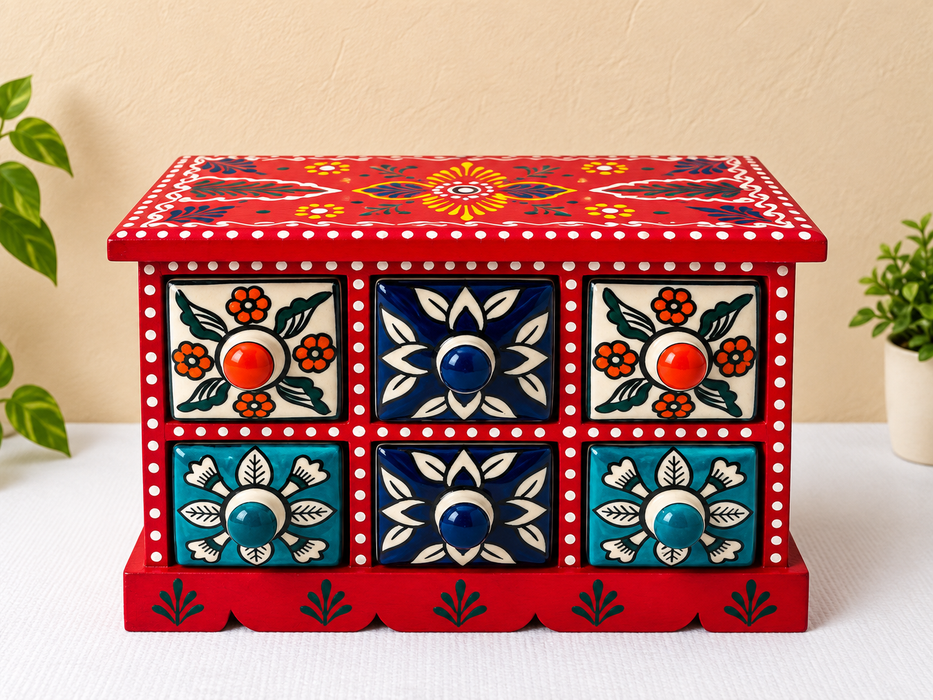 Hand Painted Wooden Drawer Cabinet | Traditional Indian Handmade Storage