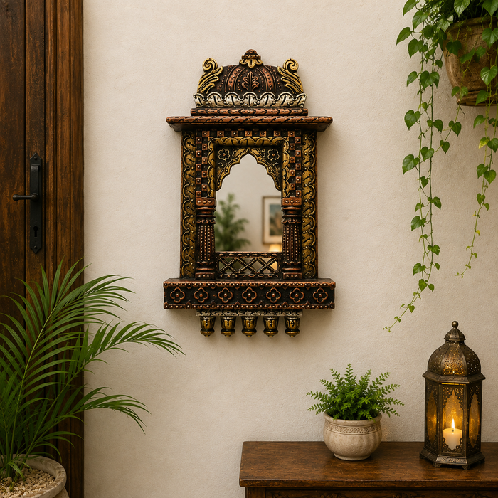 Handcrafted Wooden Jharokha Wall Shelf with Mirror, Indian Wall Decor