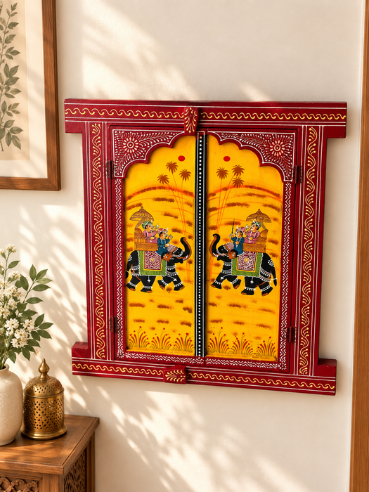 Hand Painted Wooden Jharokha Wall Decor | Rajasthani Krishna Wall Art