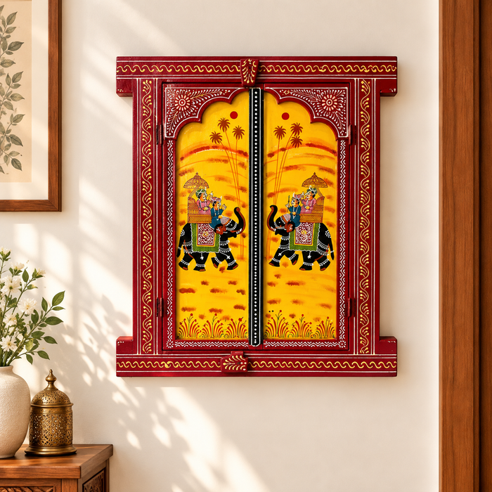 Hand Painted Wooden Jharokha Wall Decor | Rajasthani Krishna Wall Art