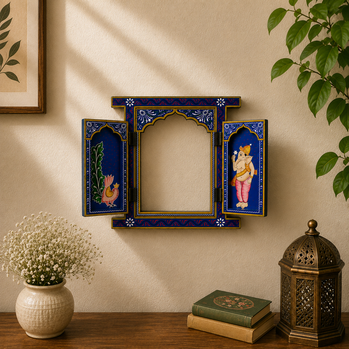 Hand Painted Wooden Jharokha Wall Decor | Ganesha Rajasthani Wall Art