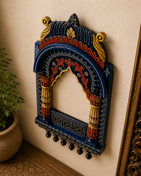 Handcrafted Wooden Jharokha Mirror Wall Decor, Traditional Indian Wall Art