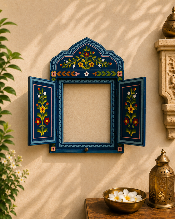 Handcrafted Wooden Floral Jharokha Wall Decor, Traditional Indian Wall Art