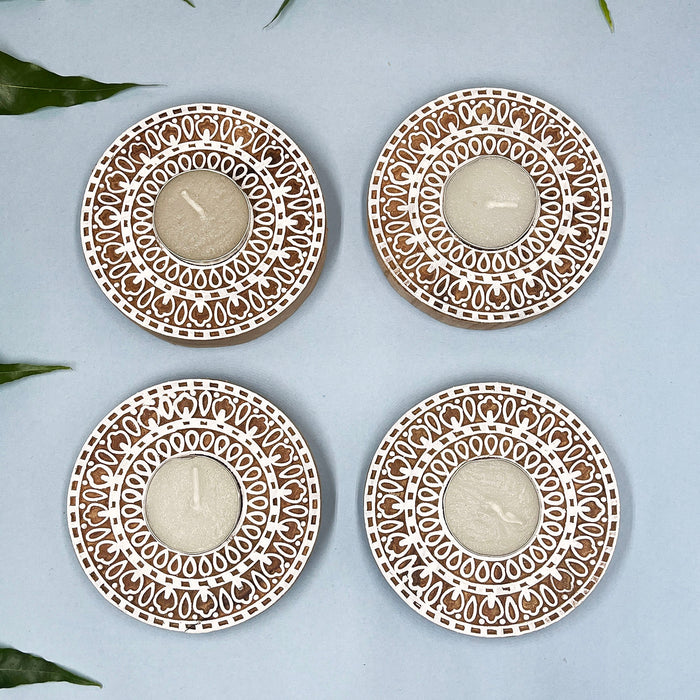 Circular Shaped Handblock Wooden Tea Light Candle Holder 