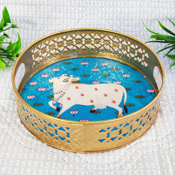 Cow Design Round Metal Pichwai Art Tray 1