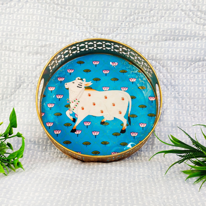 Cow Design Round Metal Pichwai Art Tray 4