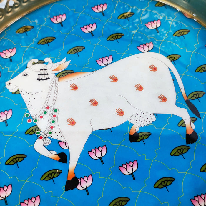 Cow Design Round Metal Pichwai Art Tray 5