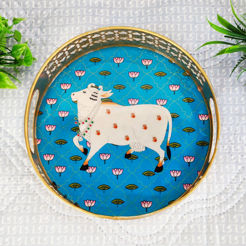 Cow Design Round Metal Pichwai Art Tray