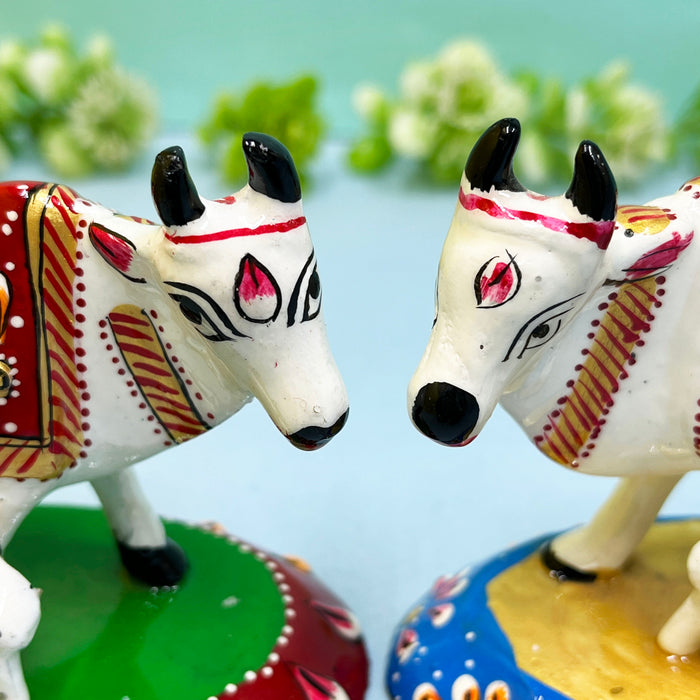 Cow and Calf Meenakari Work Marble Dust Spiritual Puja Idol Sculpture 8