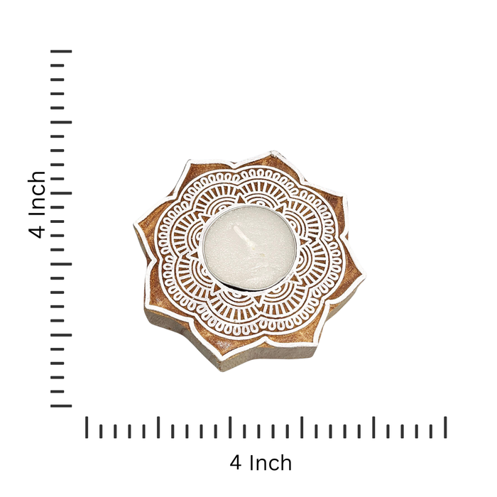 Mandala Handblock Kadamb Wood Candle Holders – Perfect for Festive Decor (Pack of 4)