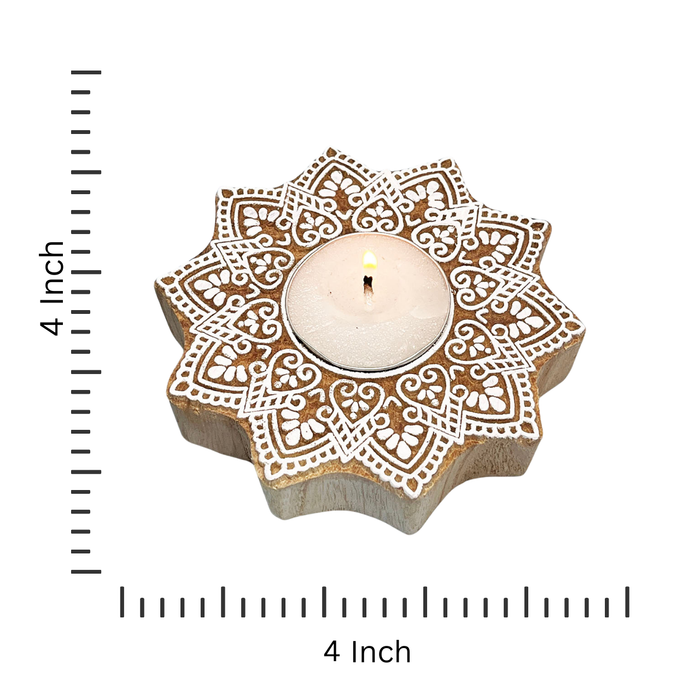 Star-Shaped Wooden Tea Light Holder with Intricate Floral Pattern (Pack of 4)