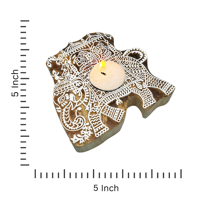 Elephant Handblock Kadamb Wood Candle Holders – Perfect for Diwali Decor