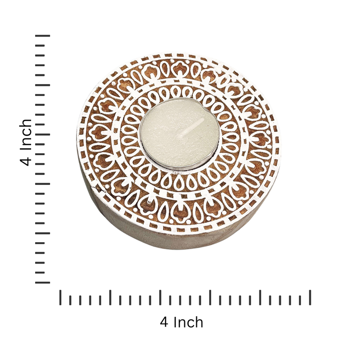 Round Shape Wooden Tea Light Holders with Floral Mandala Design (Pack of 4)