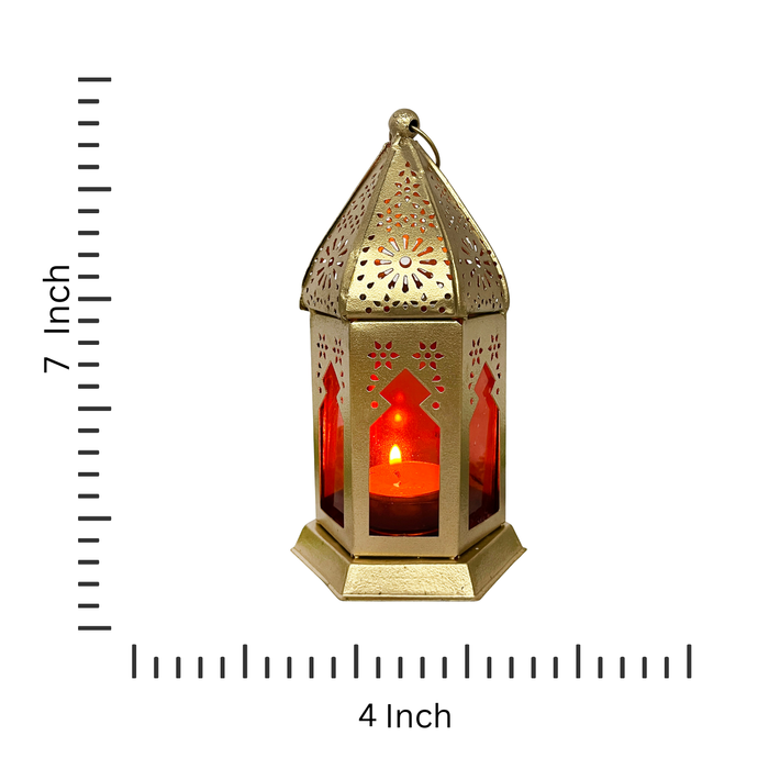 Metal Moroccan Lantern with Red Glass for Indoor & Outdoor Decor