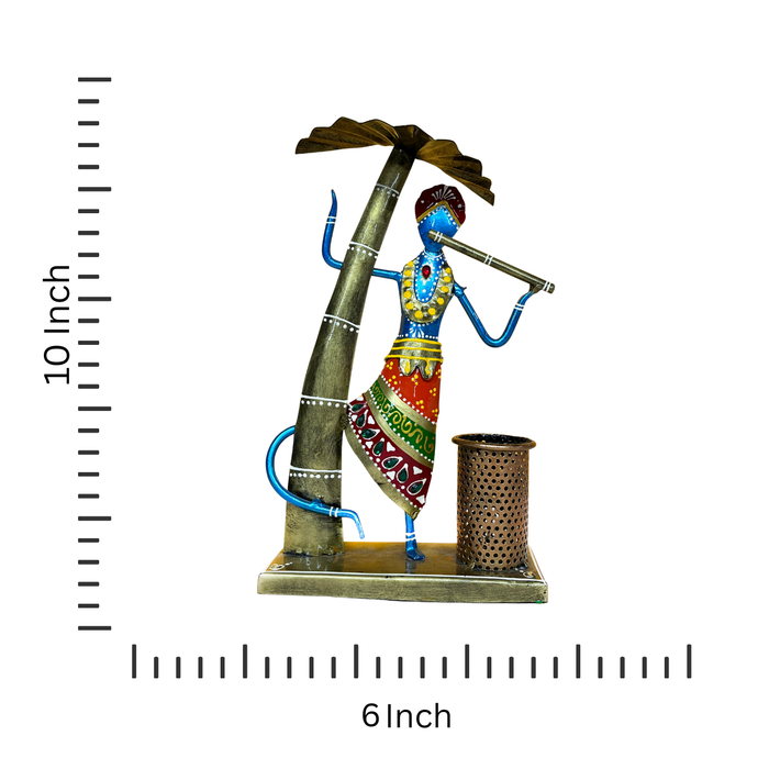 Krishna Ji Hand Painted Metal Pen Holder/Stand with Palm Tree Design for Home & Temple Decor