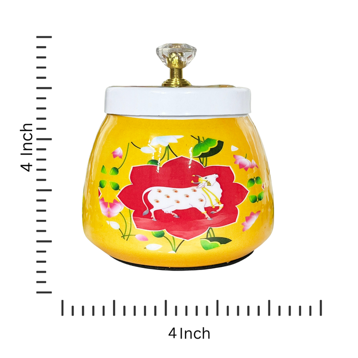 Cow-printed dry fruit box, Yellow hand-painted dry fruit jar, antique indian dry fruit jar