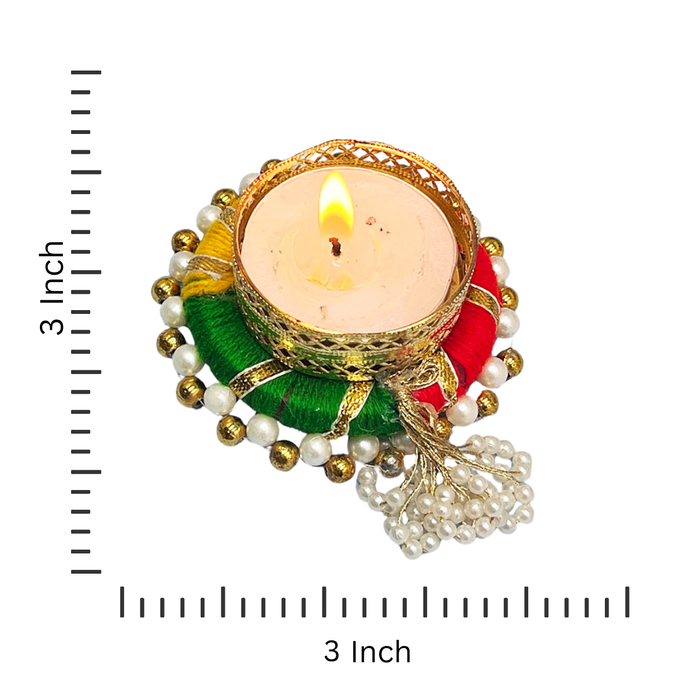 Handcrafted Colorful Thread Work Tealight Candle Holders with Pearl Tassels | Set of 4
