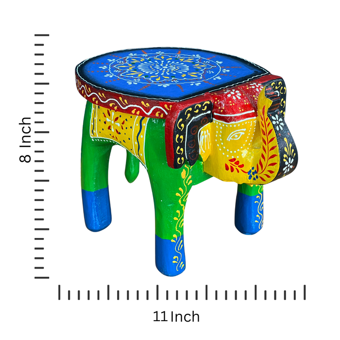 Handmade Wooden Elephant Stool with Decorative Accent Table in Vibrant Painting
