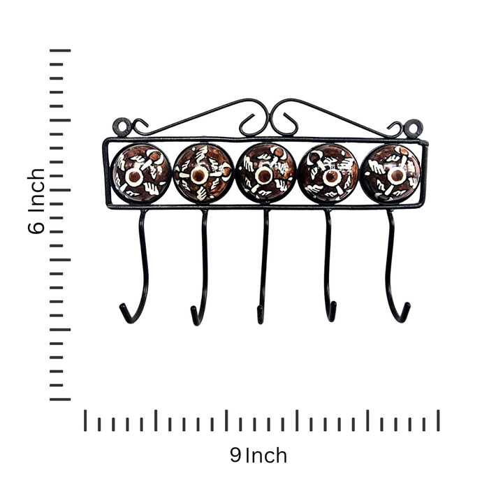 Handcrafted Brown Color Wall Hanger with 5 Peg Wall Ceramic Hook
