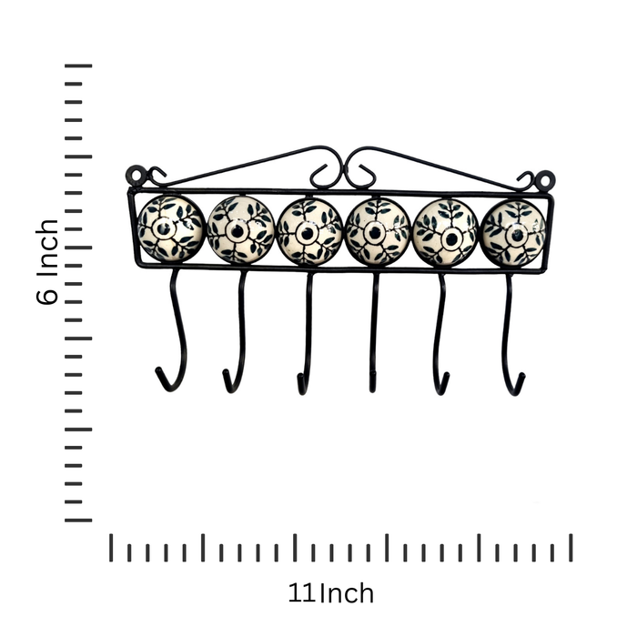 Handcrafted Floral Wall Hanger with 6 Peg Wall Ceramic Hook Tips