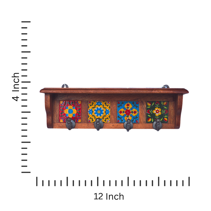 Rustic Wooden Wall Hook with Painted Tiles