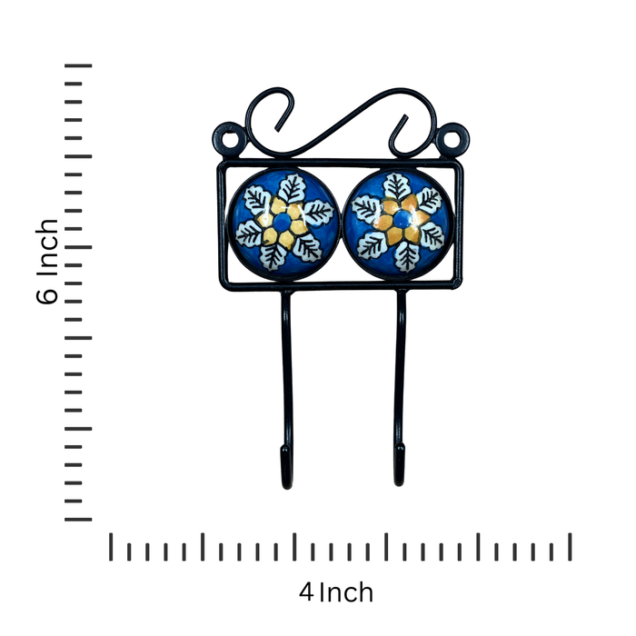 Dual Hook Ceramic & Iron Key Holder Blue Floral Design