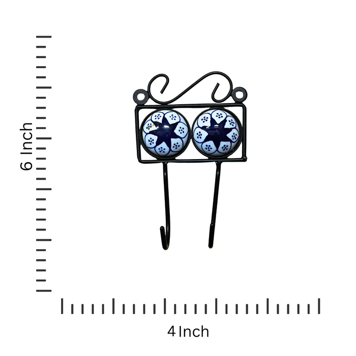 Blue Floral Dual Hook Key Holder – Ceramic & Iron