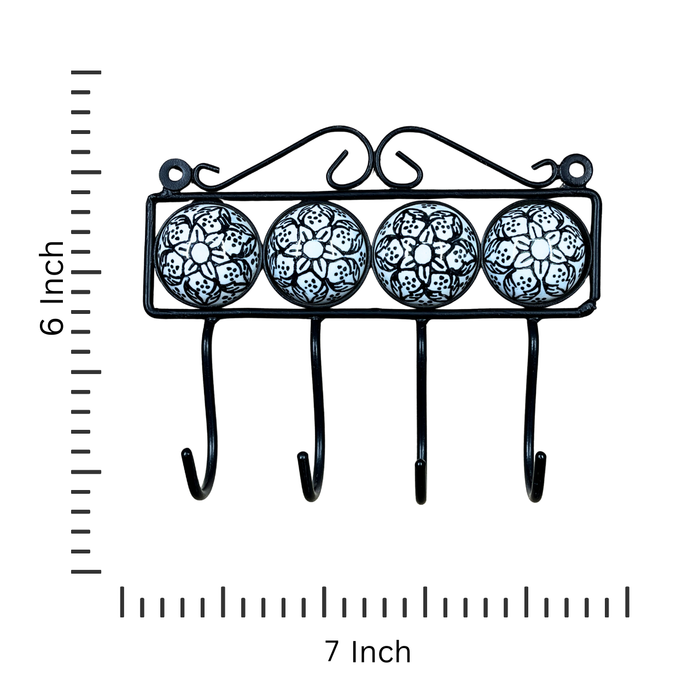 Four Hook Ceramic Key Holder with Floral Design