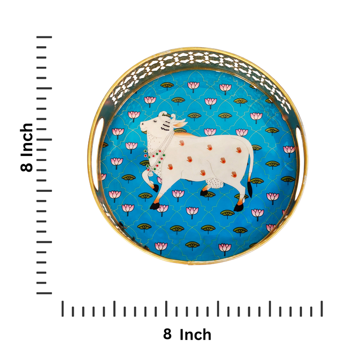 Pichwai Art Metal Tray with Cow Design – Lightweight & Decorative