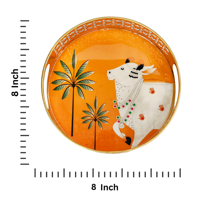 Pichwai Art Metal Tray with Orange Background – Decorative Cow Design