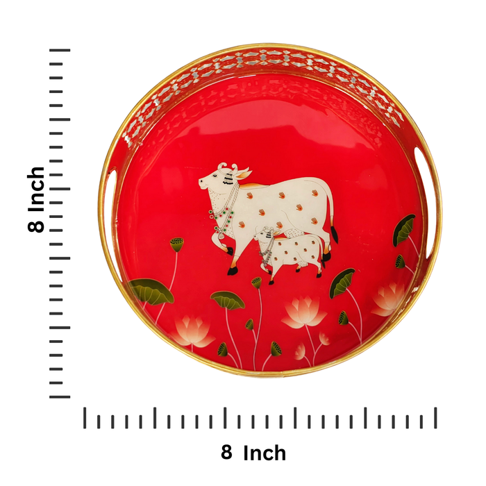 Pichwai Art Metal Tray with Cow Design – Lightweight