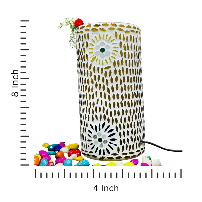 Handcrafted Cylindrical Mosaic Table Lamp – Golden & White Glass Light