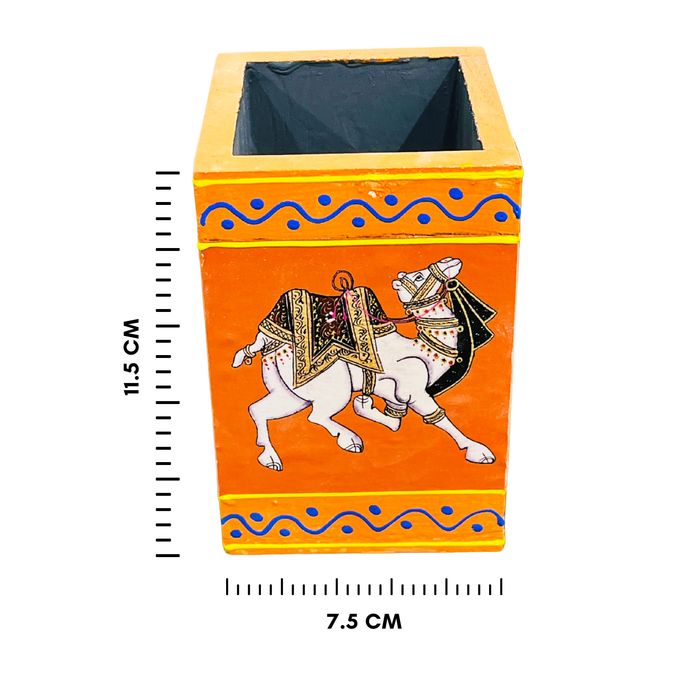 Handcrafted Rajasthani Camel Painting Wooden Pen Stand – Orange