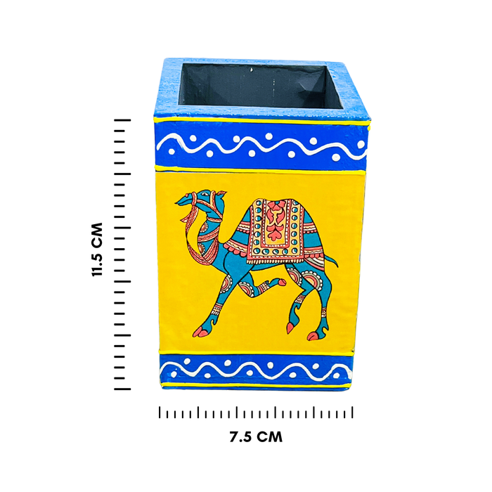 Handcrafted Rajasthani Camel Painting Wooden Pen Stand – Yellow