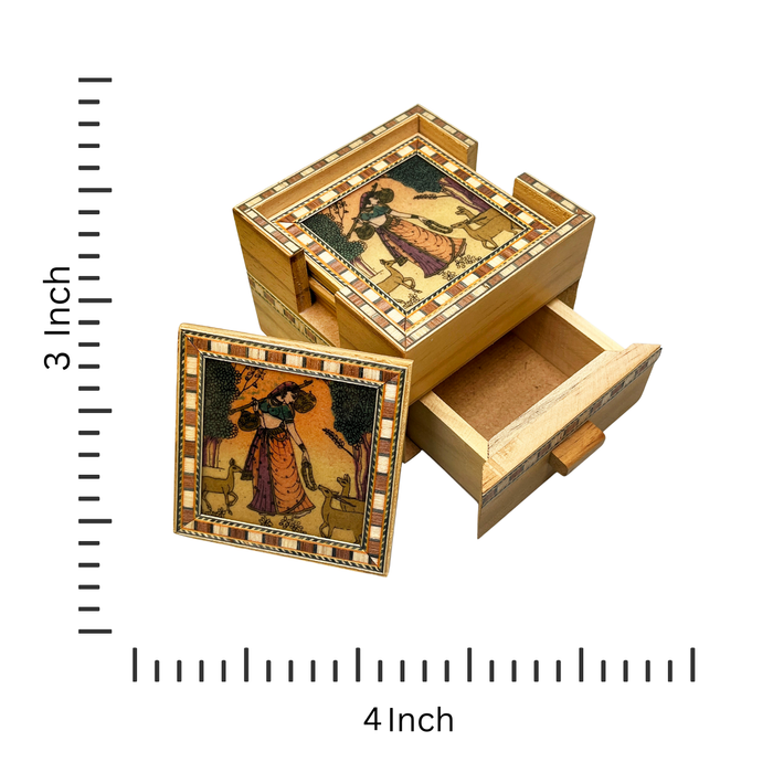 Handcrafted Wooden Coaster Set with Traditional Art Print