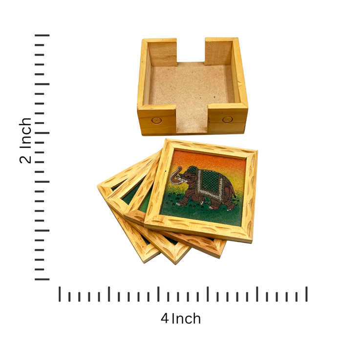 Traditional Wooden Coaster Set with Elephant Artwork