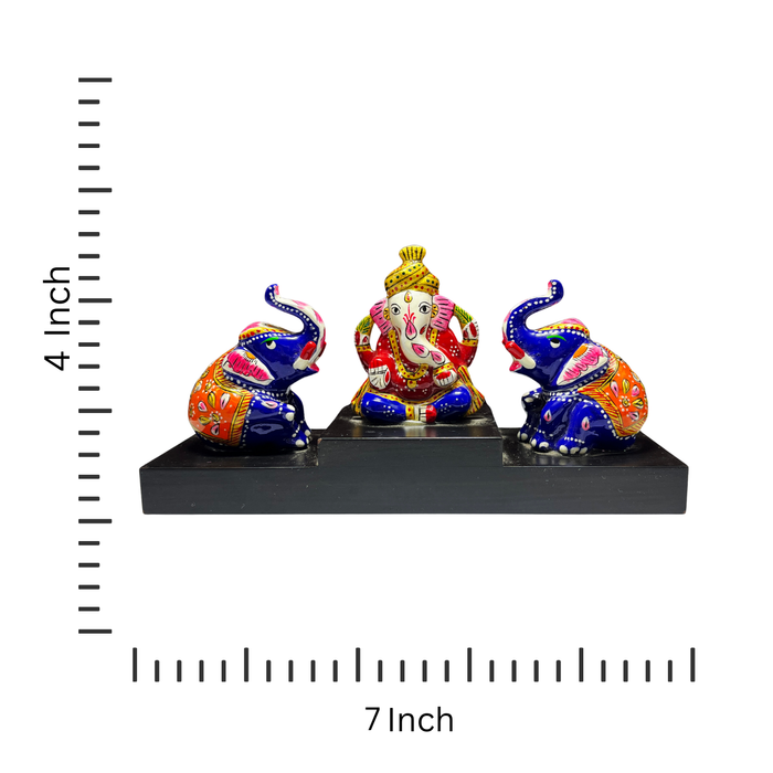 Lord Ganesha with Trunk Up Sitting Elephant Pair on Wooden Chowki