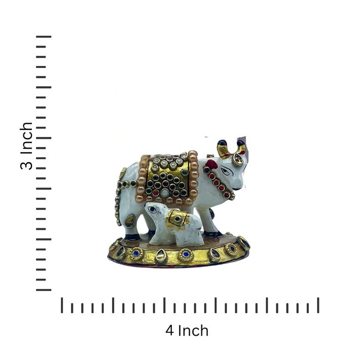 Stone Work Metal Cow with Calf – Golden Stand Symbol of Prosperity & Devotion